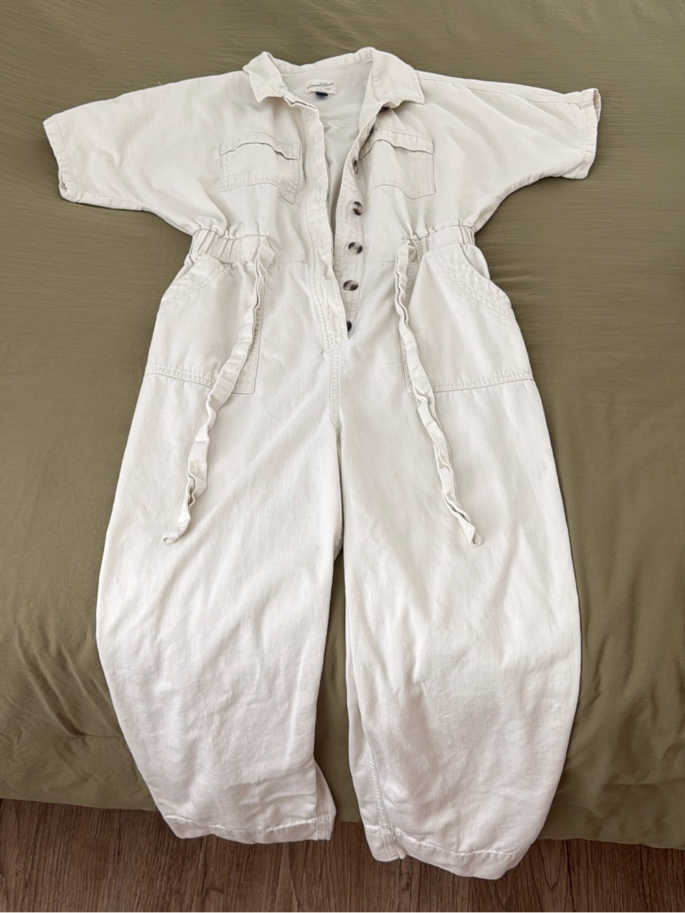 Cream Button-Front Utility Jumpsuit